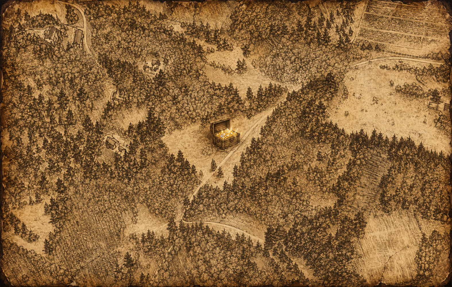 Old treasure map showing a glowing treasure chest at the marked camp location